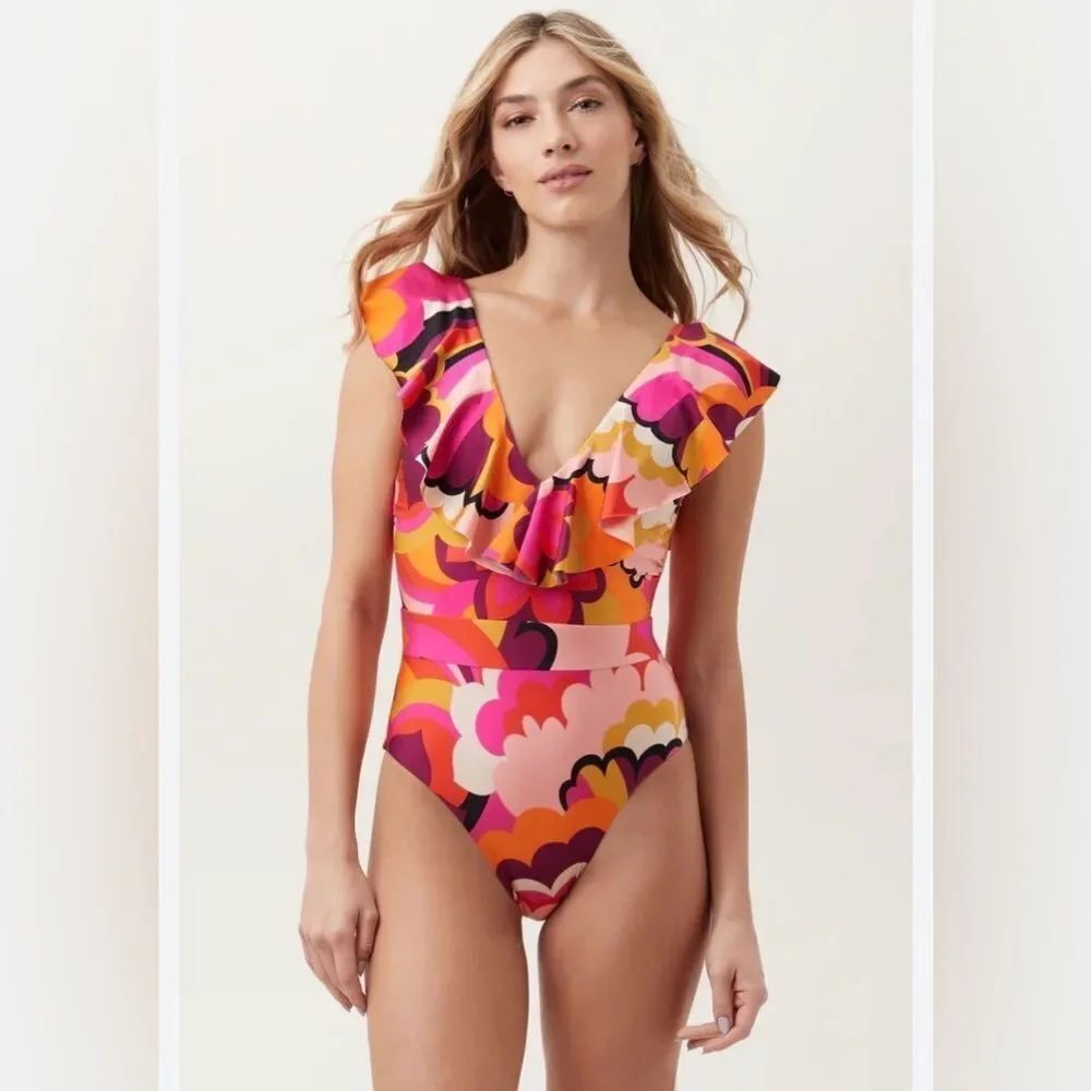 Trina Turk FAN FAIRE RUFFLE PLUNGE 1 PIECE Swimsuit